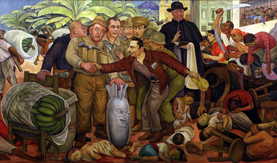 Diego Rivera: »Gloriosa victoria«, 1954 (Bildausschnitt); Eisenhower als grinsende Bombe, der Putschistengeneral »Cara de Hacha« Castillo Armas als fiese Figur mit Hitlerbärtchen. Auf leichenübersätem Boden gratuliert ihm US-Außenminister Dulles. Seine Generäle nehmen von US-Botschafter Peurifoy Geldscheine entgegen, während Bananen auf ein Schiff der United Fruit Company geschafft werden – Diego Rivera malte schon 1954 seine Interpretation des Staatstreiches in Guatemala, die nun Mario Vargas Llosa in seinem neuen Roman »Harte Jahre« bestätigt. © Wikimedia, Public Domain